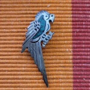 Parrot Brooch Sterling Silver Malachite Vintage Mexico